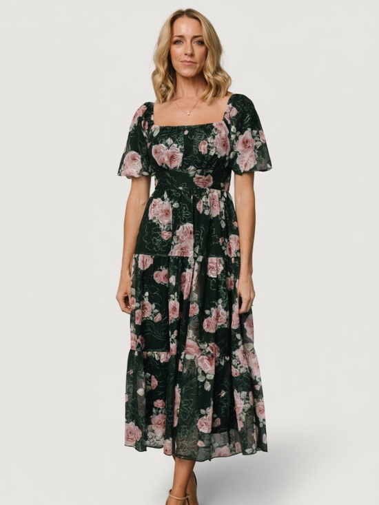 Baltic Born Dresses & Skirts - Baltic Born Annabeth Midi Dress | Dark Green + Pink Size MM